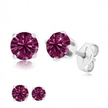 925 silver earrings - glittery zircon of purple colour gripped with four prongs