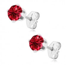 925 silver earrings - glittery round zircon in mount, ruby red hue