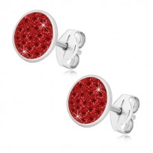 925 silver earrings - glittery circle inlaid with red zircons