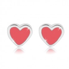 Studs - symmetric heart with glaze of pink colour, 925 silver