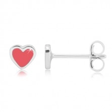 Studs - symmetric heart with glaze of pink colour, 925 silver