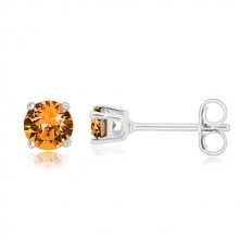 925 silver earrings - round zircon in honey-orange hue, square mount