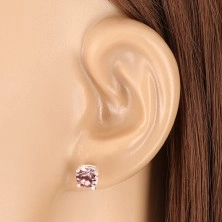 925 silver earrings - round zircon of pale purple hue, square mount