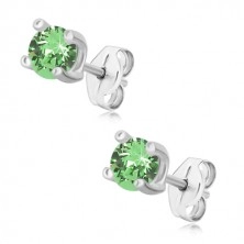 925 silver earrings - round zircon of light green colour in square mount