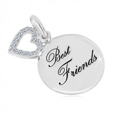925 silver pendant - glossy circle, inscription "Best Friends", heart contour zircons