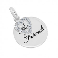 925 silver pendant - glossy circle, inscription "Best Friends", heart contour zircons