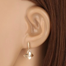 9K gold earrings - narrow stick, butterfly with zircon, wing contour of white gold