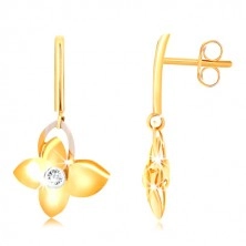 9K gold earrings - narrow stick, butterfly with zircon, wing contour of white gold