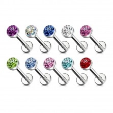 316L steel chin and lip piercing - zircon of various colours in mount, transparent glaze