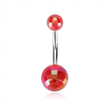 Belly piercing - acrylic disco balls of red colour, rainbow reflections