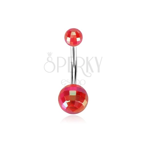 Belly piercing - acrylic disco balls of red colour, rainbow reflections