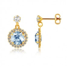 Yellow 9K gold earrings - clear zircon, pale blue zircon with transparent rim