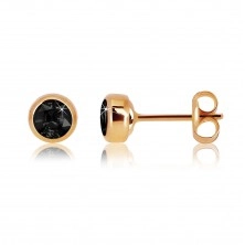 Pink 9K gold earrings - black round zircon, glossy holder, 5 mm
