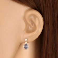 Yellow 9K gold earrings - clear zircon, tear of dark blue colour, glittery rim