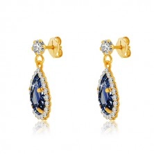 Yellow 9K gold earrings - clear zircon, tear of dark blue colour, glittery rim
