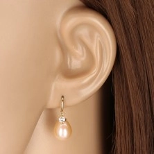 Yellow 14K gold diamond earrings - glossy arch, oval pearl and brilliant