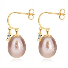 Yellow 14K gold diamond earrings - glossy arch, oval pearl and brilliant