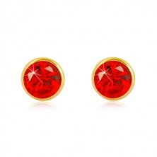 Yellow 585 gold earrings - round zircon of red hue, studs with screwback, 5 mm