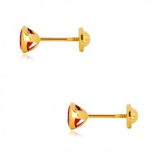 Yellow 585 gold earrings - round zircon of red hue, studs with screwback, 5 mm