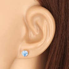 Yellow 14K gold earrings - sky-blue zircon in holder, studs with screwback, 5 mm
