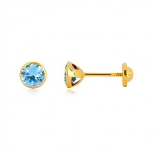 Yellow 14K gold earrings - sky-blue zircon in holder, studs with screwback, 5 mm