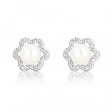 White 375 gold earrings - flower with six petals, zircon contour, white pearl