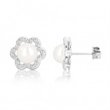 White 375 gold earrings - flower with six petals, zircon contour, white pearl
