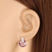 9K white gold earrings - zircon rectangle, round zircon of purple colour