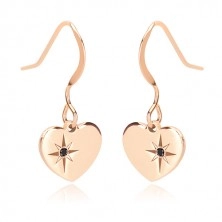 Black diamond - 925 silver earrings, symmetric heart of pink-gold colour, north star