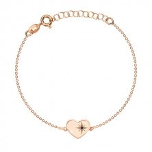 925 silver bracelet of pink-gold colour - glossy heart, north star, black diamond