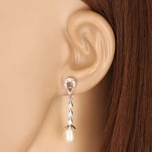 White 9K gold earrings - tear contour, three drops with zircons, white pearl