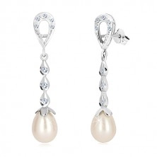 White 9K gold earrings - tear contour, three drops with zircons, white pearl