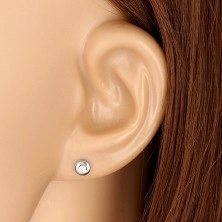 White 375 gold studs - glossy circle, clear zircon, 5 mm