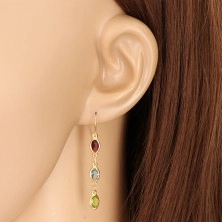 Yellow 375 gold earrings - zircon grains in purple, sky-blue and green hue