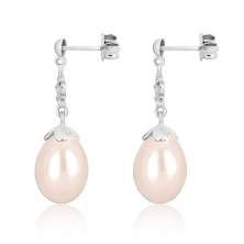 White 9K gold earrings - glossy semi-ball, flower contour with with zircons, pearl with pink tinge
