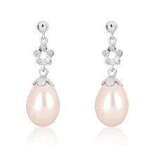 White 9K gold earrings - glossy semi-ball, flower contour with with zircons, pearl with pink tinge