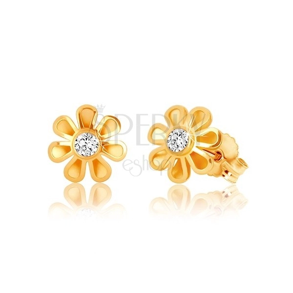 9K gold earrings - flower with seven petals, clear zircon in the center