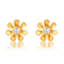 9K gold earrings - flower with seven petals, clear zircon in the center