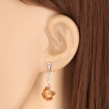 White 375 gold earrings - inverted tear, clear grain, zircon of honey-gold colour