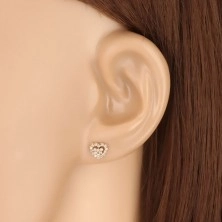 Yellow 9K gold earrings - transparent zircons, heart and heart contour