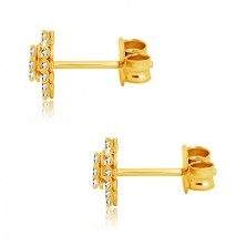 Yellow 9K gold earrings - transparent zircons, heart and heart contour