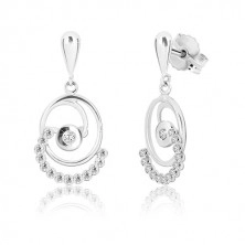 White 375 gold earrings - inverted drop, oval with round lines and zircons