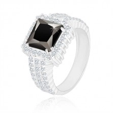 925 silver ring - black zircon square, clear zircon rim and arms