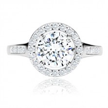 925 silver engagement ring - round zircon with glittery rim, glossy arms