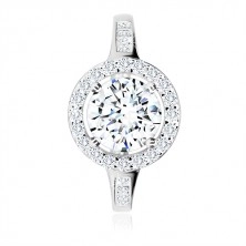 925 silver engagement ring - round zircon with glittery rim, glossy arms