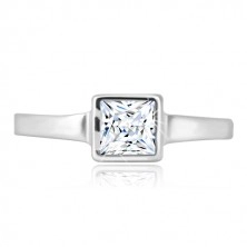 925 silver ring - narrow glossy arms, transparent zircon square