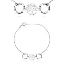 925 silver bracelet - carved circle with a life tree, two glossy circles