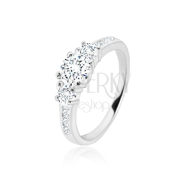 925 silver engagement ring - three round zircons, glossy arms with zircons