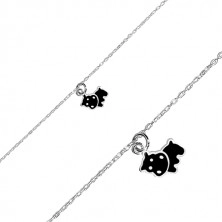 925 silver bracelet - pendant with motif of black hippo, glossy chain