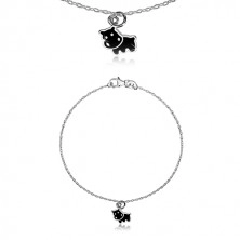 925 silver bracelet - pendant with motif of black hippo, glossy chain